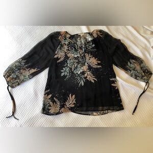 Ella Moss Floral Sheer Black Silk Blouse with Decorative Tie Sleeves. Large